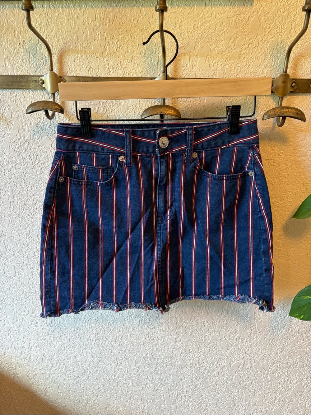 American Eagle Outfitters Navy Denim Mini Skirt with Red Stripes